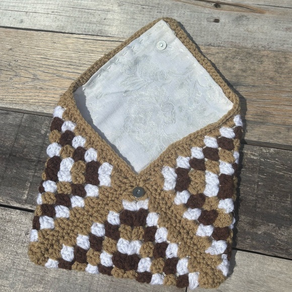 Handcrafted Crochet Tablet Sleeve - Brown, White, and Tan - Picture 1 of 5